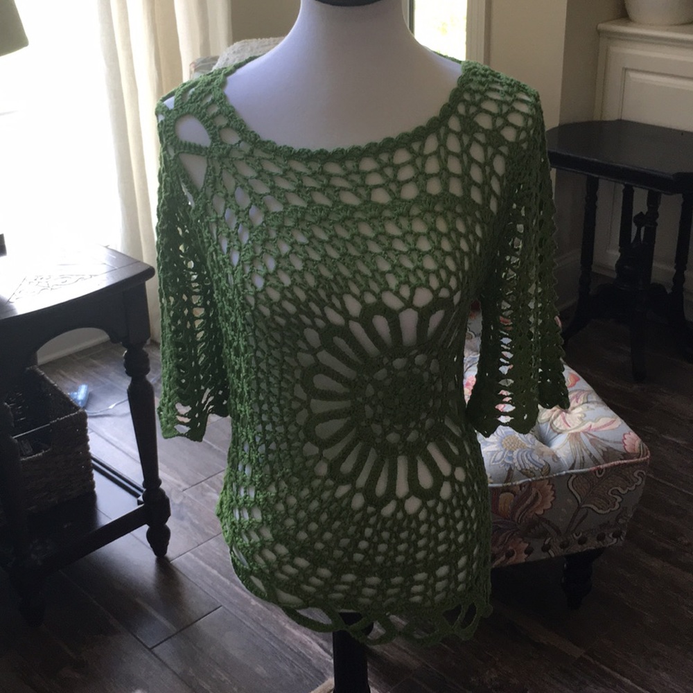 Green open weave sweater